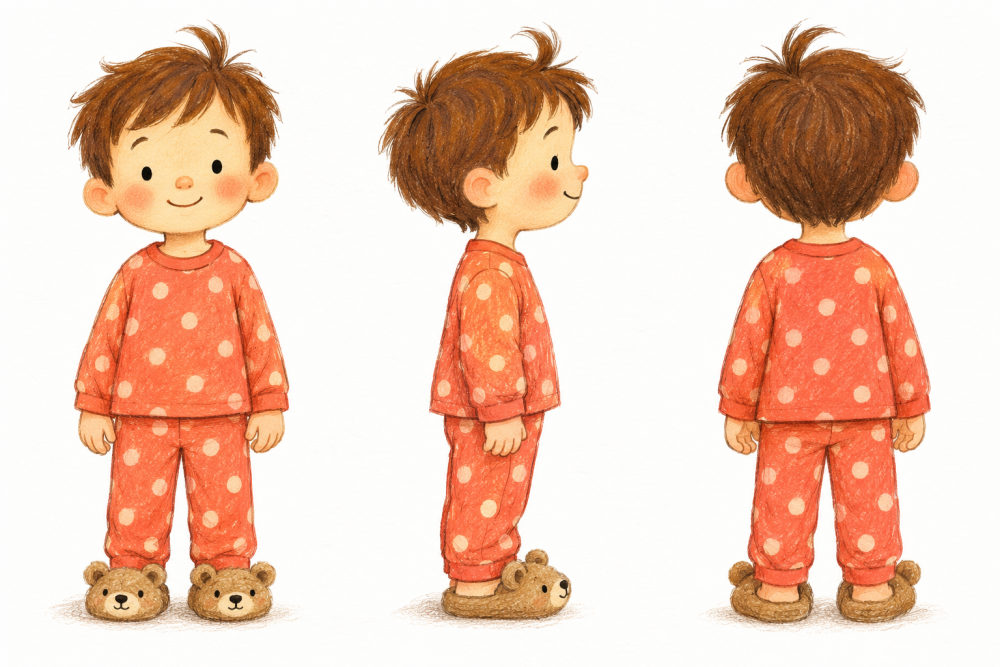 Hoja de personaje: el mismo niño dibujado de frente, de perfil y de espaldas.